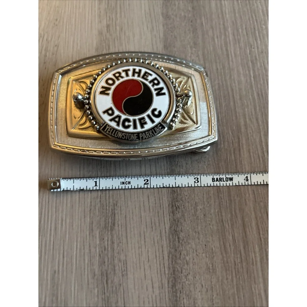 Vintage Northern‎ Pacific Railway StainlessBelt Buckle - with enamel inlay logo